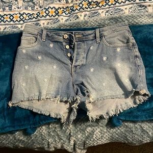 High Rise Button Fly Daisy Embroidered Denim Shorts